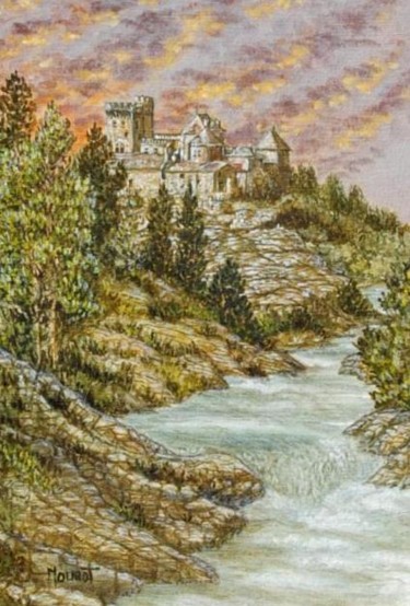 Painting titled "Chateau d' Aulan" by Marie-Jeanne Mourot, Original Artwork, Oil Mounted on Wood Stretcher frame