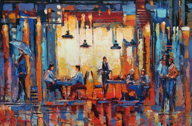 Painting titled "Night Cafe" by Movses Petrosyan, Original Artwork, Acrylic Mounted on Wood Stretcher frame