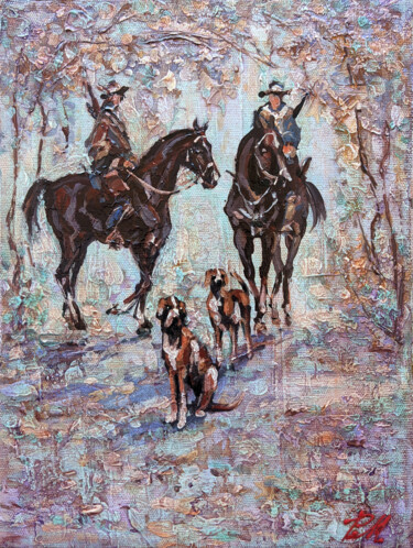 Painting titled "Hunters" by Movses Petrosyan, Original Artwork, Acrylic Mounted on Wood Stretcher frame