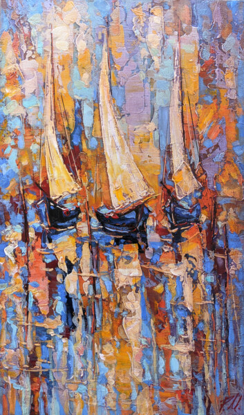 Painting titled "Sailboats" by Movses Petrosyan, Original Artwork, Acrylic Mounted on Wood Stretcher frame