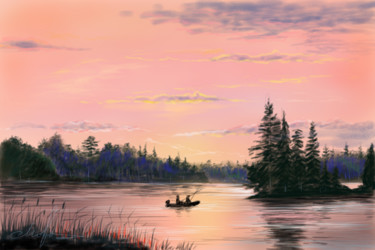 Digital Arts titled "Pink sunrise on Lak…" by Tigran Movsisyan, Original Artwork, Digital Painting