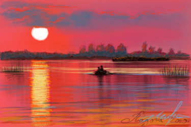 Digitale Kunst getiteld "Red sunset on the l…" door Tigran Movsisyan, Origineel Kunstwerk, Digitaal Schilderwerk