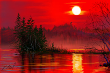 Digital Arts titled "Red sunset on Ladog…" by Tigran Movsisyan, Original Artwork, Digital Painting