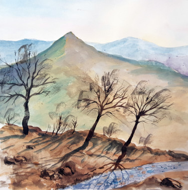 Malerei mit dem Titel "Trees and rocks" von Tigran Movsisyan, Original-Kunstwerk, Gouache