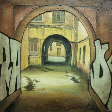 Painting titled "Petersburg courtyar…" by Tigran Movsisyan, Original Artwork, Oil Mounted on Wood Stretcher frame