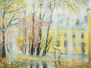 Painting titled "Rainy day" by Tigran Movsisyan, Original Artwork, Oil Mounted on Wood Stretcher frame