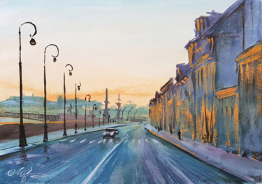 Schilderij getiteld "Sunset in the city" door Tigran Movsisyan, Origineel Kunstwerk, Gouache