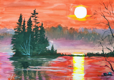 Peinture intitulée "Red sunset gouache…" par Tigran Movsisyan, Œuvre d'art originale, Gouache