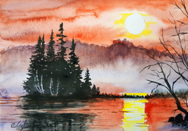Peinture intitulée "Red sunset watercol…" par Tigran Movsisyan, Œuvre d'art originale, Aquarelle