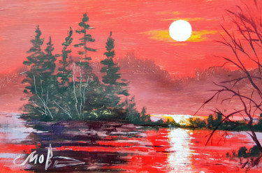 Painting titled "Red sunset painting" by Tigran Movsisyan, Original Artwork, Oil