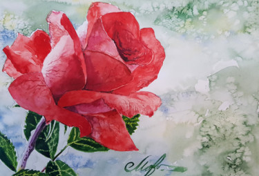 Painting titled "Red rose watercolor…" by Tigran Movsisyan, Original Artwork, Watercolor