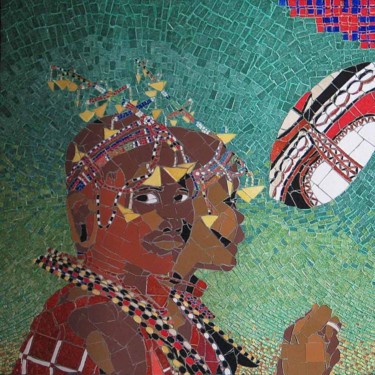 Sculpture titled "Jeunes filles massai" by Igor Laszlo, Original Artwork, Mosaic Mounted on Wood Panel