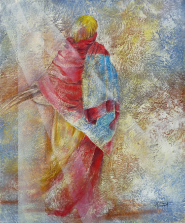 Peinture intitulée "Le châle rouge et b…" par Petiot Martine, Œuvre d'art originale, Huile Monté sur Châssis en bois