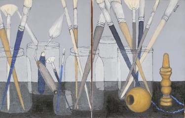 Peinture intitulée "bocaux et pinceaux" par Kicha, Œuvre d'art originale