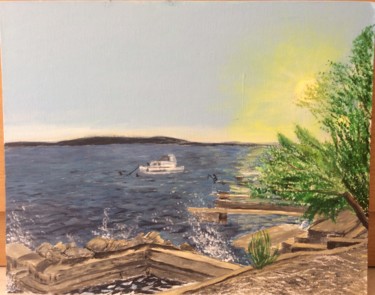 Malarstwo zatytułowany „Sunset with a boat” autorstwa Mirosława Porembska-Wojtowicz, Oryginalna praca, Akryl