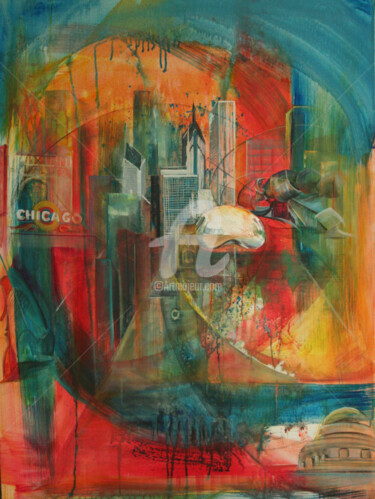 Painting titled "CHICAGO Overview" by Marie-Pierre Philippe-Lohézic (MPPL-ART), Original Artwork, Collages