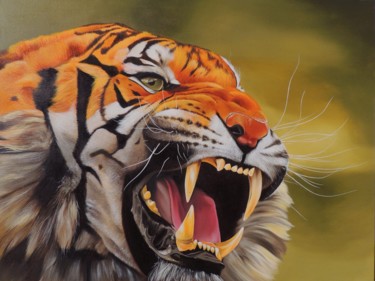 Картина под названием "The tiger growls" - Kakajan Charyyev, Подлинное произведение искусства, Масло Установлен на Деревянна…