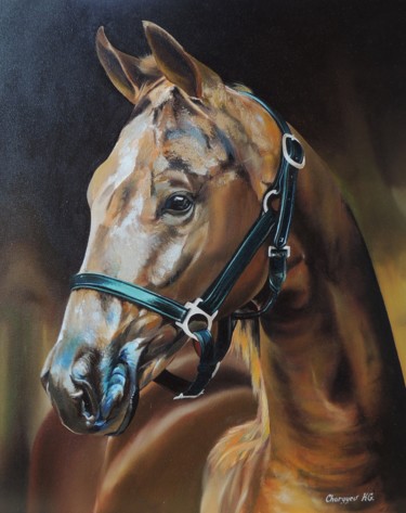 Painting titled "Brown horse" by Kakajan Charyyev, Original Artwork, Oil Mounted on Wood Stretcher frame