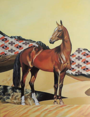 Картина под названием "The Akhal-Teke horse" - Kakajan Charyyev, Подлинное произведение искусства, Масло Установлен на Дерев…