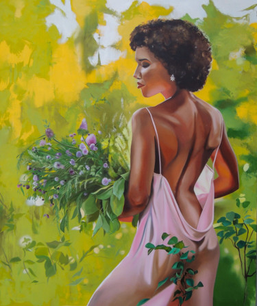 Painting titled "Girl with a bouquet" by Kakajan Charyyev, Original Artwork, Oil Mounted on Wood Stretcher frame