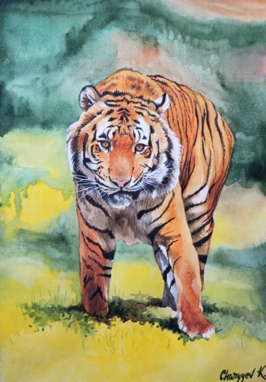 Картина под названием "Powerful tiger" - Kakajan Charyyev, Подлинное произведение искусства, Акварель