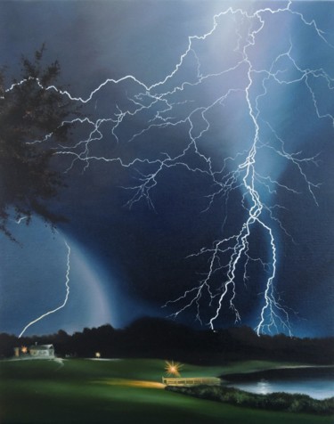 Painting titled "Spring thunderstorm" by Kakajan Charyyev, Original Artwork, Oil Mounted on Wood Stretcher frame