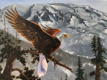 Peinture intitulée "Eagle in the mounta…" par Kakajan Charyyev, Œuvre d'art originale, Huile