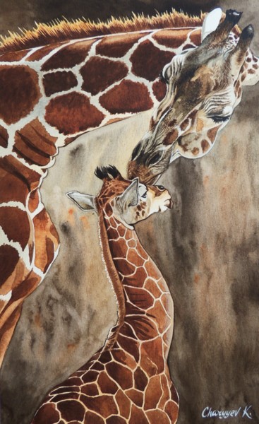 Painting titled "Giraffes" by Kakajan Charyyev, Original Artwork, Watercolor