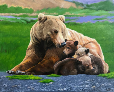 Картина под названием "She-bear with cubs" - Kakajan Charyyev, Подлинное произведение искусства, Масло