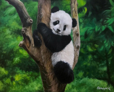 Painting titled "Cute panda" by Kakajan Charyyev, Original Artwork, Oil Mounted on Wood Stretcher frame