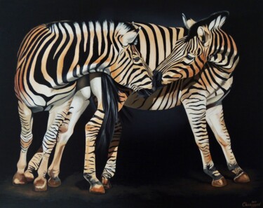 Картина под названием "Zebras family" - Kakajan Charyyev, Подлинное произведение искусства, Масло Установлен на Деревянная р…