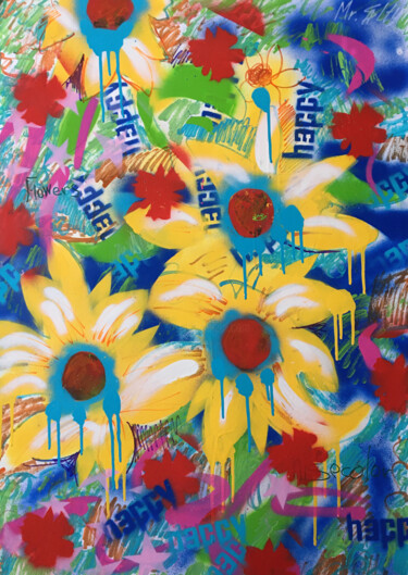 Картина под названием "Happy sun flowers" - Mr. Salty, Подлинное произведение искусства, Рисунок распылителем краски