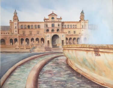 Painting titled "Fountain in the Cit…" by Mridula Gupta, Original Artwork, Acrylic Mounted on Wood Stretcher frame
