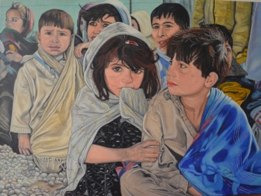 Schilderij getiteld "Refugee Camp" door Marius Ghita, Origineel Kunstwerk, Aquarel Gemonteerd op Frame voor houten brancard