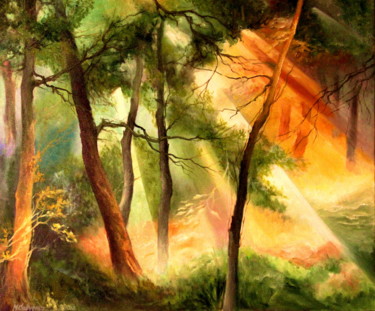 Painting titled "Light in the Forest" by Mike Satcher, Original Artwork, Oil
