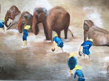 Painting titled "Elefanten-Bad" by M.U.S.E., Original Artwork, Oil