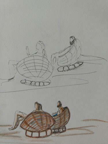 Zeichnungen mit dem Titel "Paar im Sessel-gedo…" von Urte Singdrossel, Original-Kunstwerk, Conté-Buntstifte