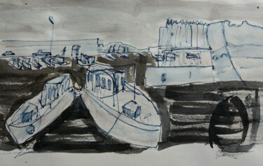 Zeichnungen mit dem Titel "noch im Hafen" von Urte Singdrossel, Original-Kunstwerk, Tinte