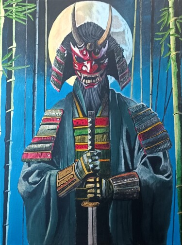 Painting titled "Oni Guardian" by Mskal, Original Artwork, Acrylic Mounted on Wood Stretcher frame