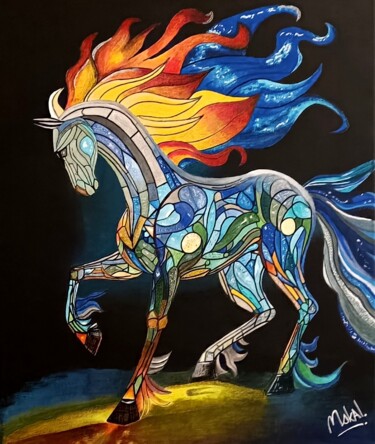 Картина под названием "Prismatic stallion" - Mskal, Подлинное произведение искусства, Акрил Установлен на Деревянная рама дл…