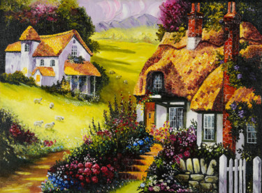 Mountain village - A painting of houses in the mountains. Peinture intitulée "Mountain village -…" par Marina Skromova, Œuvre d'art originale, Huile