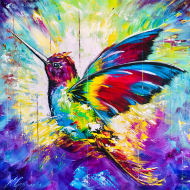 Fabulous bird. Soaring bird. Hummingbird on on canvas. Pintura intitulada "Fabulous bird. Soar…" por Marina Skromova, Obras de arte originais, Óleo Montado em Maca de lona