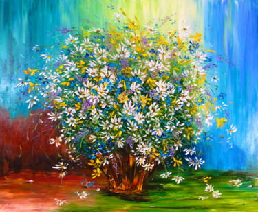 THE DANCE OF WILD FLOWERS - Floral still life with daisies. Peinture intitulée "THE DANCE OF WILD F…" par Marina Skromova, Œuvre d'art originale, Huile Monté sur Châssis