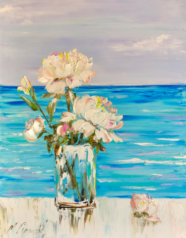 FLOWER MORNING - Seascape with delicate white peonies. Peinture intitulée "FLOWER MORNING - Se…" par Marina Skromova, Œuvre d'art originale, Huile Monté sur Panneau de bois
