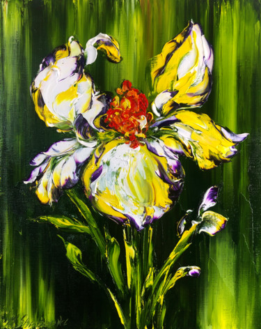GREEN FANTASY - A huge white iris flower on an oil painting. Painting titled "GREEN FANTASY - A h…" by Marina Skromova, Original Art, Oil Mounted on Wood Panel