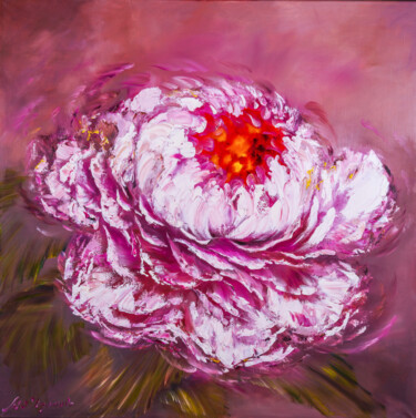 LARGE PEONY BUD - Pink peony. Abstract flowers art. Painting titled "LARGE PEONY BUD - P…" by Marina Skromova, Original Art, Oil Mounted on Wood Panel
