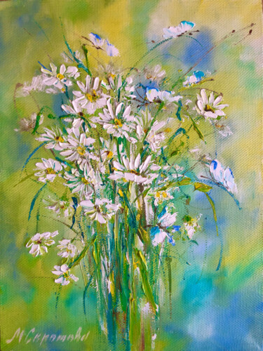 LITTLE JOYS - Painting with white daisies. Painting titled "LITTLE JOYS - Paint…" by Marina Skromova, Original Art, Oil Mounted on Wood Panel