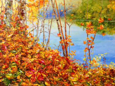GOLDEN AUTUMN - Forest landscape, river bank, leaf fall. Painting titled "GOLDEN AUTUMN - For…" by Marina Skromova, Original Art, Oil Mounted on Wood Panel