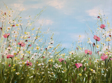 MORNING THOUGHTS -Chamomile, pink flowers, sky with clouds. Painting titled "MORNING THOUGHTS -C…" by Marina Skromova, Original Art, Oil Mounted on Wood Panel