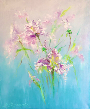 MOMENTS FROM DREAMS - Bouquet pink irises. Wildflowers. Painting titled "MOMENTS FROM DREAMS…" by Marina Skromova, Original Art, Oil Mounted on Wood Panel